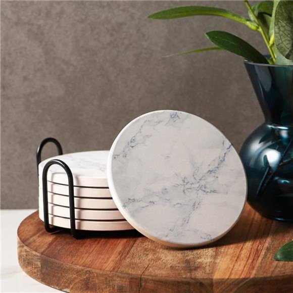 Set of 6 Coasters for Drinks White Marble-Style Absorbent Coasters with Holder - Picture 3 of 6